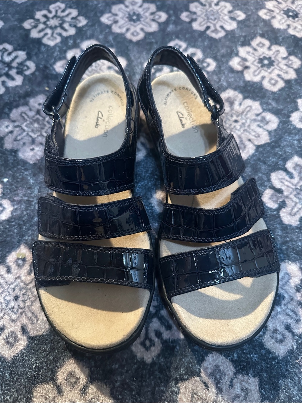 Clarks Black Patent Croc-Textured Adjustable Strap Sandals